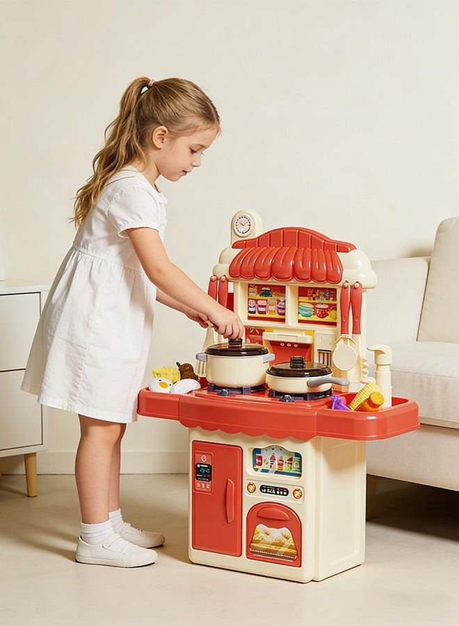 مجموعة لعب المطبخ للأطفال 33 قطعة من ألعاب الطعام التظاهري مع رذاذ وحوض لعب 46 سم مجموعة ألعاب طبخ مقلدة عالية، لعبة طبخ المطبخ تتضمن موقد التظاهر باللعب وإكسسوارات الطعام للأطفال الصغار مجموعة ألعاب المطبخ الصغيرة مجموعة أدوات الطبخ الداخلية ألعاب DIY للأطفال من سن 3 سنوات فما فوق للأولاد والبنات باللون الأحمر - Image 3